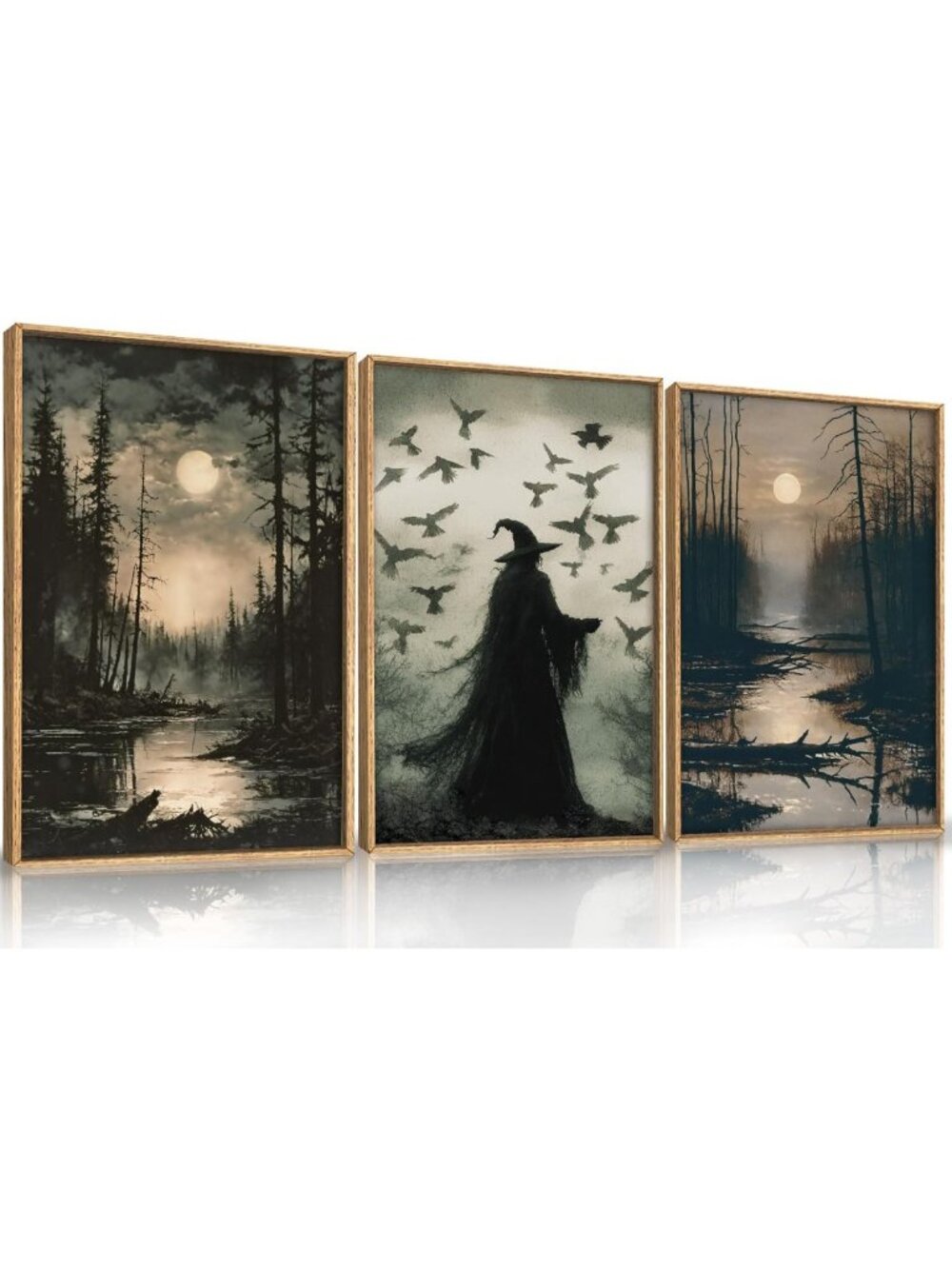 Large Halloween Wall Art Set, Gothic Vintage Framed Decor, Spooky Canvas Prints